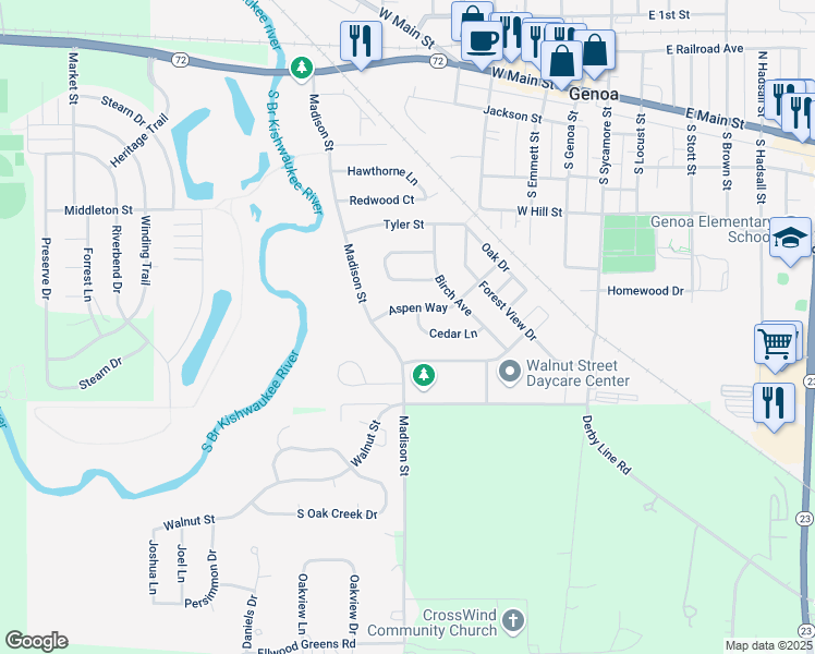 map of restaurants, bars, coffee shops, grocery stores, and more near 714 Cedar Lane in Genoa