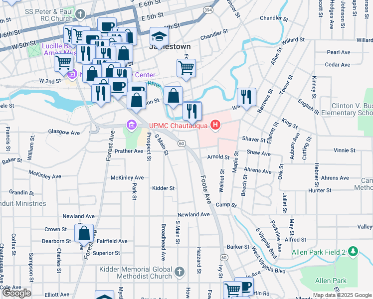 map of restaurants, bars, coffee shops, grocery stores, and more near Hazzard Street & Prather Avenue in Jamestown