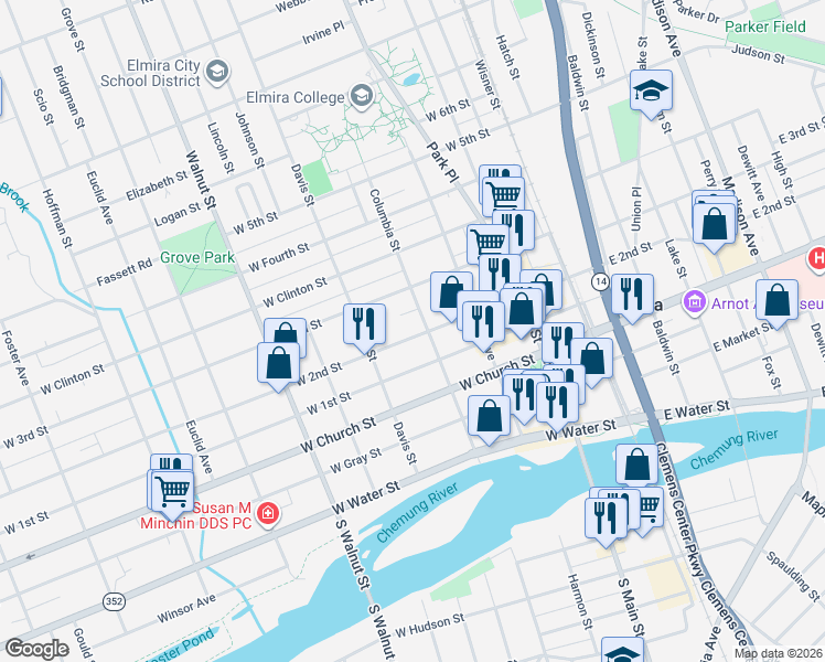 map of restaurants, bars, coffee shops, grocery stores, and more near 356 West 2nd Street in Elmira