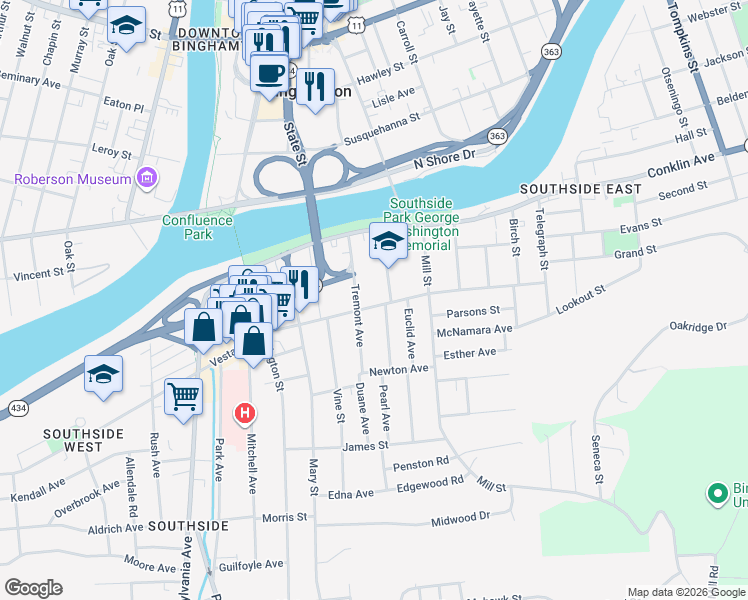 map of restaurants, bars, coffee shops, grocery stores, and more near 1246 Vestal Avenue in Binghamton