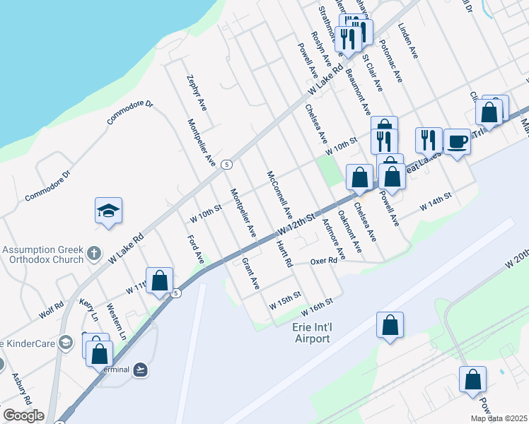 map of restaurants, bars, coffee shops, grocery stores, and more near 4045 West 12th Street in Erie