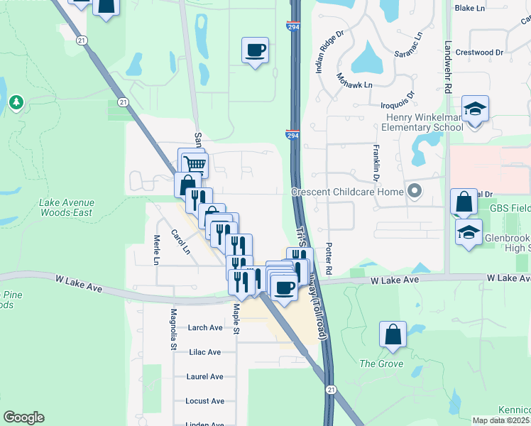 map of restaurants, bars, coffee shops, grocery stores, and more near 3444 Salem Walk in Northbrook