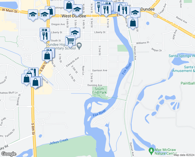 map of restaurants, bars, coffee shops, grocery stores, and more near 620 South 2nd Street in West Dundee