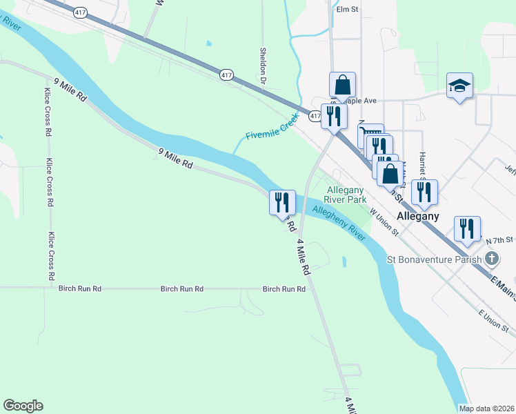map of restaurants, bars, coffee shops, grocery stores, and more near 3799 9 Mile Road in Allegany