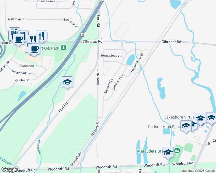 map of restaurants, bars, coffee shops, grocery stores, and more near 29652 Meadow Lane in Gibraltar