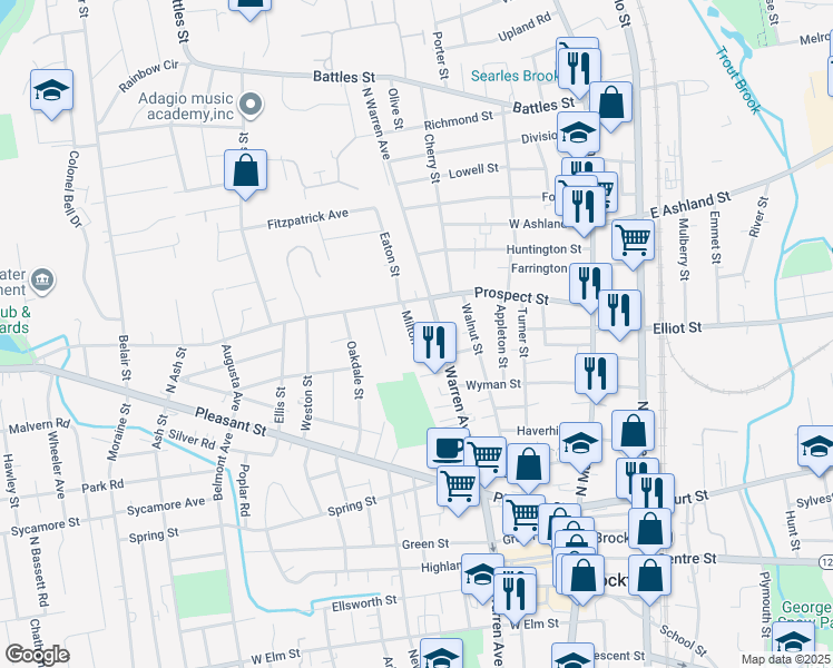 map of restaurants, bars, coffee shops, grocery stores, and more near 32 Milton Street in Brockton