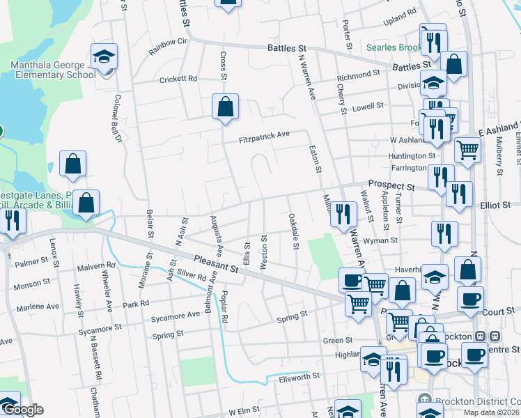 map of restaurants, bars, coffee shops, grocery stores, and more near 67 Ellis Street in Brockton