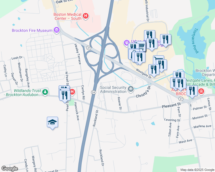 map of restaurants, bars, coffee shops, grocery stores, and more near 31 Homesite Road in Brockton