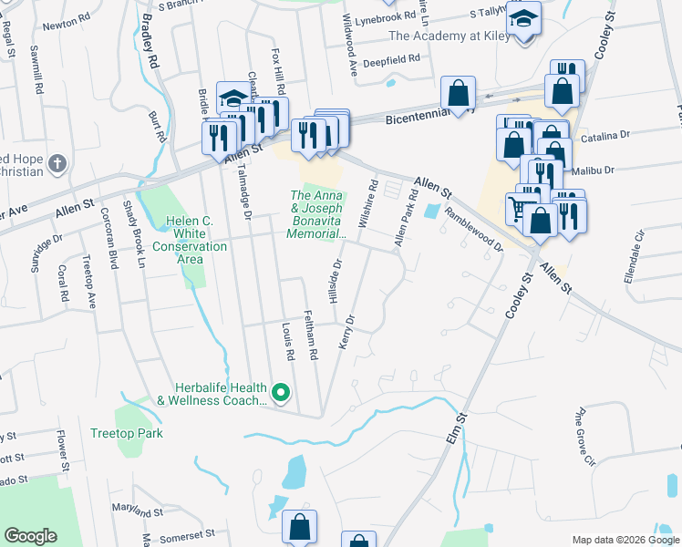 map of restaurants, bars, coffee shops, grocery stores, and more near 64 Hillside Drive in Springfield