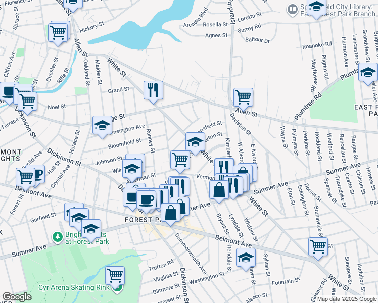 map of restaurants, bars, coffee shops, grocery stores, and more near 44 Scott Street in Springfield