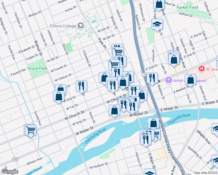 map of restaurants, bars, coffee shops, grocery stores, and more near 309-311 College Avenue in Elmira