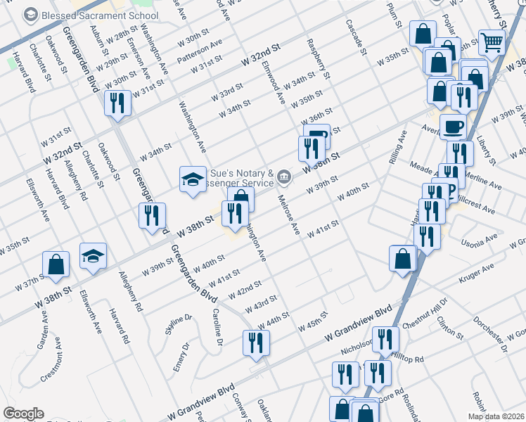 map of restaurants, bars, coffee shops, grocery stores, and more near 1427 W 39th St in Erie