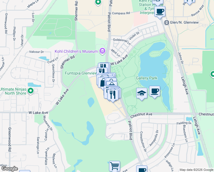 map of restaurants, bars, coffee shops, grocery stores, and more near 2030 Tower Drive in Glenview