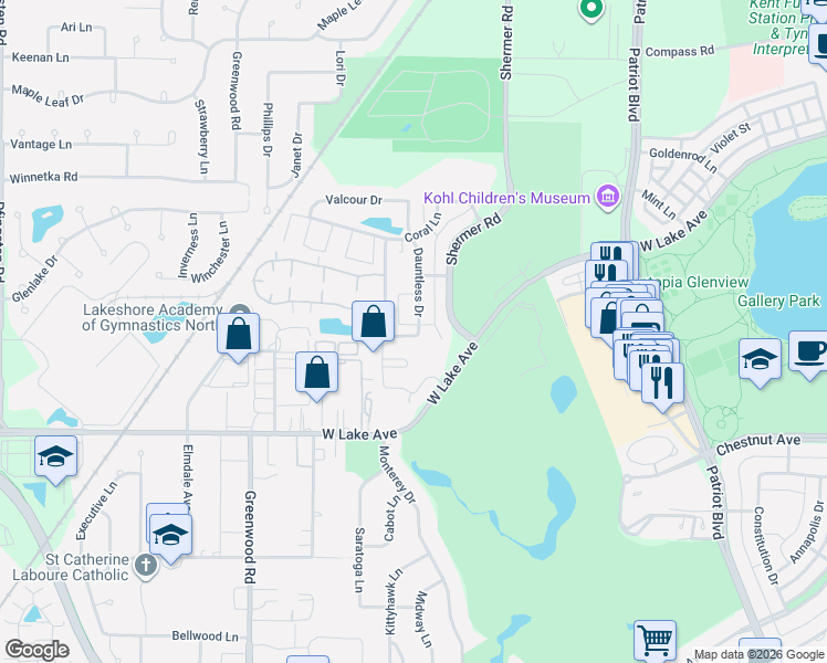 map of restaurants, bars, coffee shops, grocery stores, and more near 1925 Dauntless Drive in Glenview