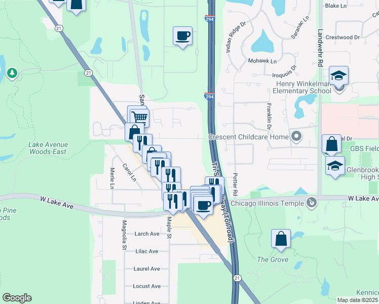 map of restaurants, bars, coffee shops, grocery stores, and more near 3444 Salem Walk in Northbrook