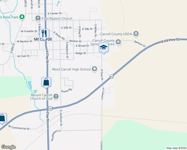 map of restaurants, bars, coffee shops, grocery stores, and more near 642-744 South East Street in Mount Carroll