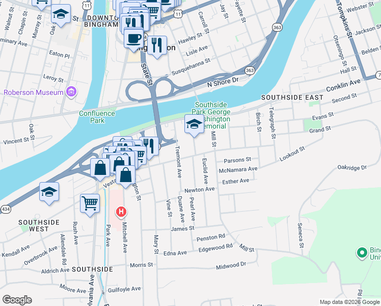 map of restaurants, bars, coffee shops, grocery stores, and more near 1246 Vestal Avenue in Binghamton