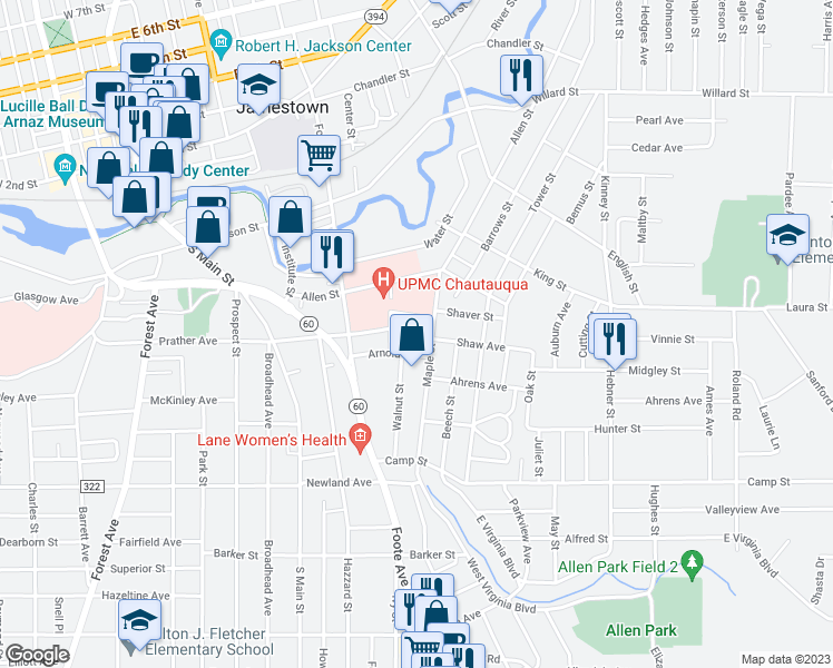 map of restaurants, bars, coffee shops, grocery stores, and more near 5 Maple Street in Jamestown