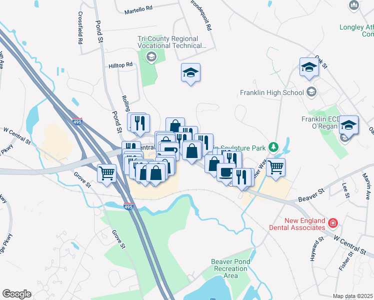 map of restaurants, bars, coffee shops, grocery stores, and more near 555 Old West Central Street in Franklin