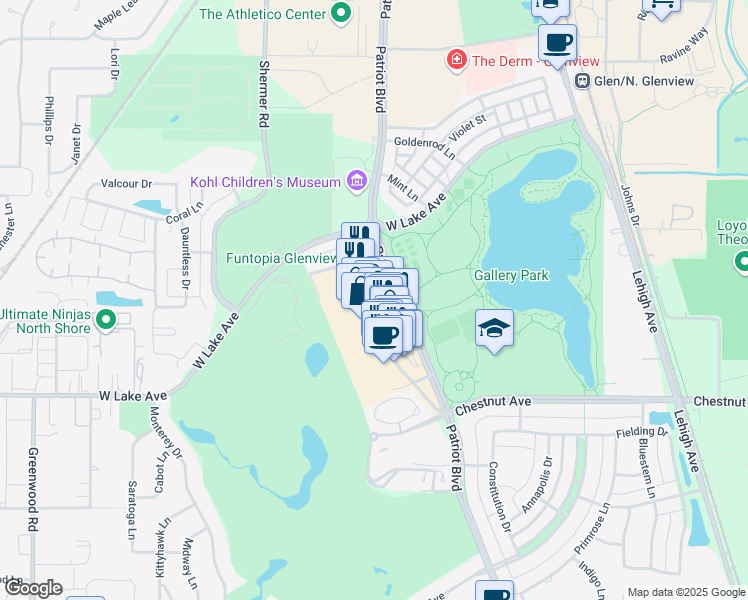 map of restaurants, bars, coffee shops, grocery stores, and more near 2030 Tower Drive in Glenview