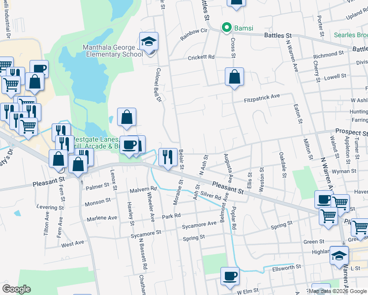 map of restaurants, bars, coffee shops, grocery stores, and more near 376 Prospect Street in Brockton