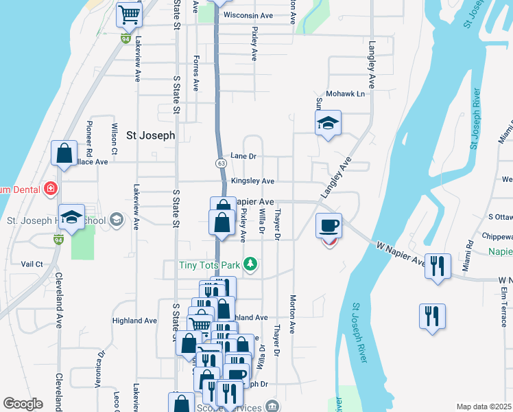map of restaurants, bars, coffee shops, grocery stores, and more near 836 Napier Avenue in St. Joseph