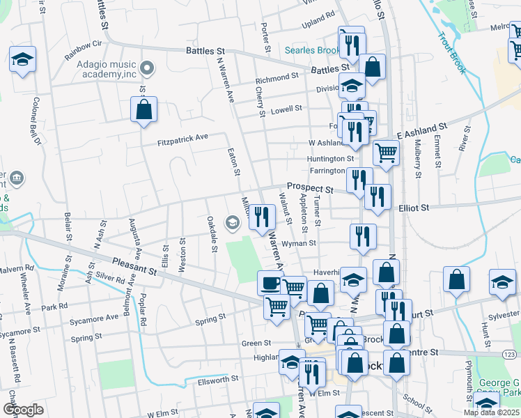 map of restaurants, bars, coffee shops, grocery stores, and more near 182 North Warren Avenue in Brockton