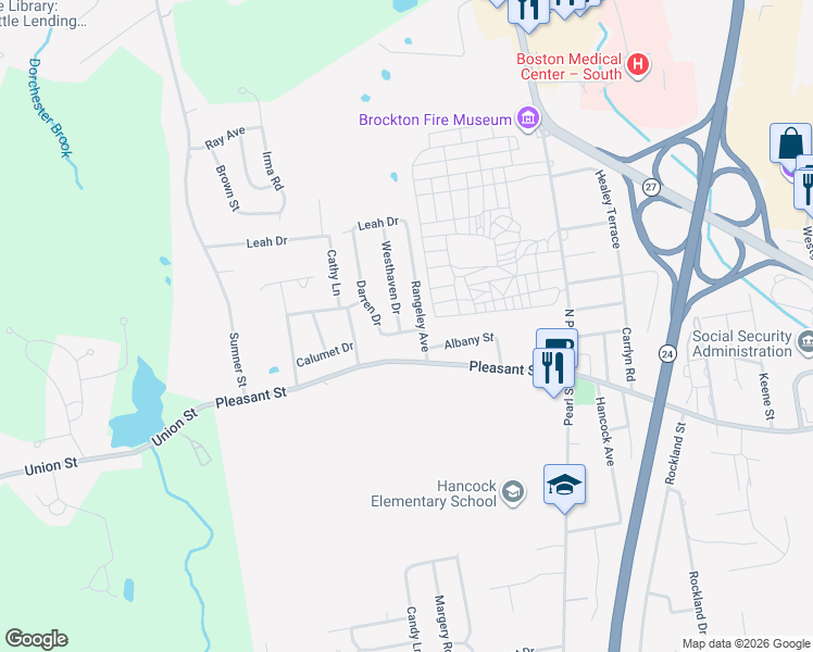map of restaurants, bars, coffee shops, grocery stores, and more near 1237 Pleasant Street in Brockton