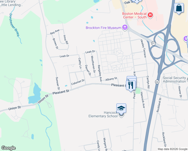 map of restaurants, bars, coffee shops, grocery stores, and more near 1237 Pleasant Street in Brockton