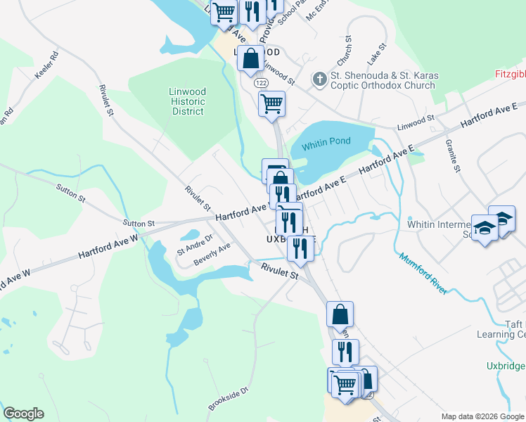 map of restaurants, bars, coffee shops, grocery stores, and more near 11 Sayles Street in Uxbridge