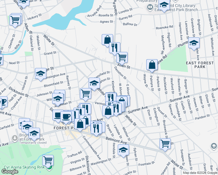 map of restaurants, bars, coffee shops, grocery stores, and more near 341-343 White Street in Springfield