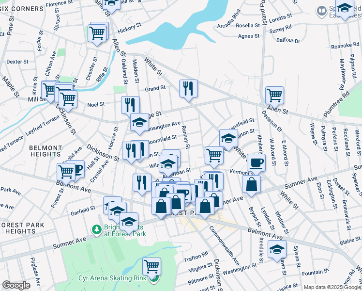 map of restaurants, bars, coffee shops, grocery stores, and more near 141 Johnson Street in Springfield