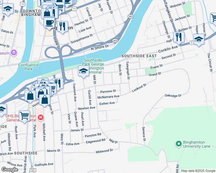 map of restaurants, bars, coffee shops, grocery stores, and more near 14 Parsons Street in Binghamton