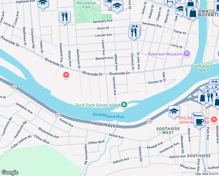 map of restaurants, bars, coffee shops, grocery stores, and more near 20 Laurel Avenue in Binghamton