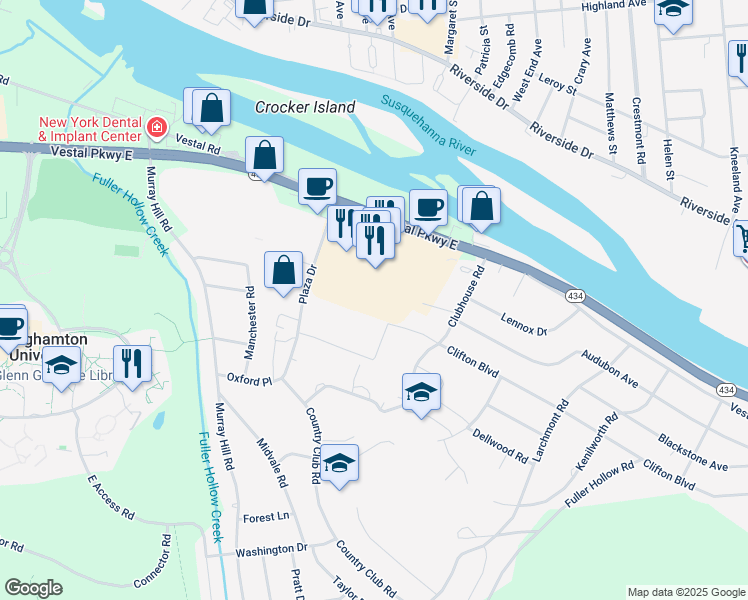 map of restaurants, bars, coffee shops, grocery stores, and more near 451 Plaza Drive in Vestal