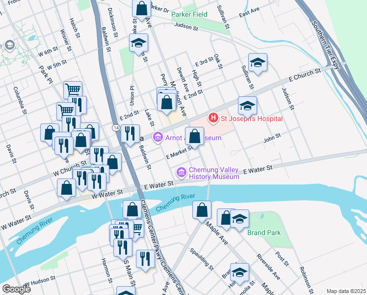map of restaurants, bars, coffee shops, grocery stores, and more near 158 Fox Street in Elmira