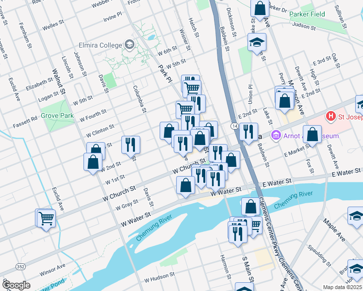 map of restaurants, bars, coffee shops, grocery stores, and more near 311 College Avenue in Elmira