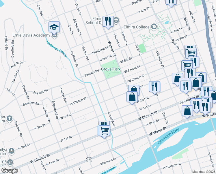 map of restaurants, bars, coffee shops, grocery stores, and more near 605 West Clinton Street in Elmira