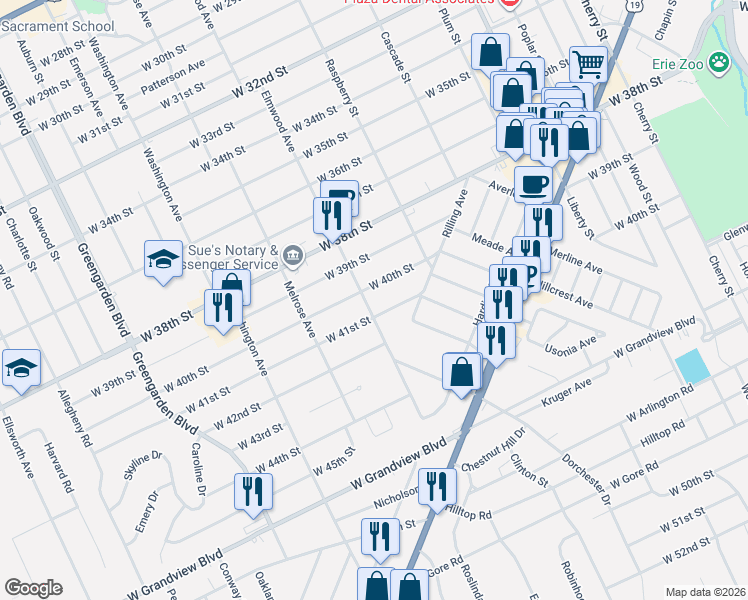 map of restaurants, bars, coffee shops, grocery stores, and more near 4103 Elmwood Avenue in Erie
