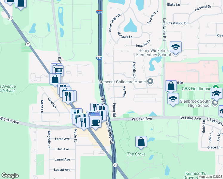 map of restaurants, bars, coffee shops, grocery stores, and more near 4408 Ivy Drive in Glenview