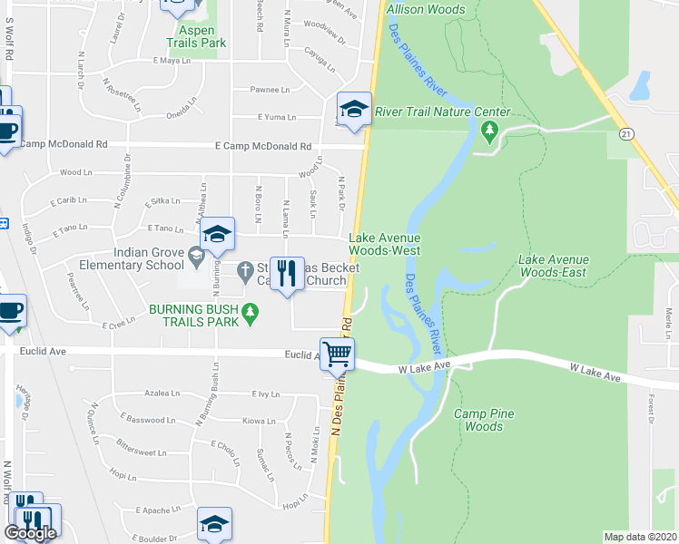 map of restaurants, bars, coffee shops, grocery stores, and more near 2016 Pin Oak Drive in Mount Prospect