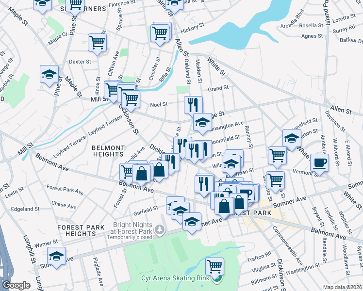 map of restaurants, bars, coffee shops, grocery stores, and more near 195 Dickinson Street in Springfield