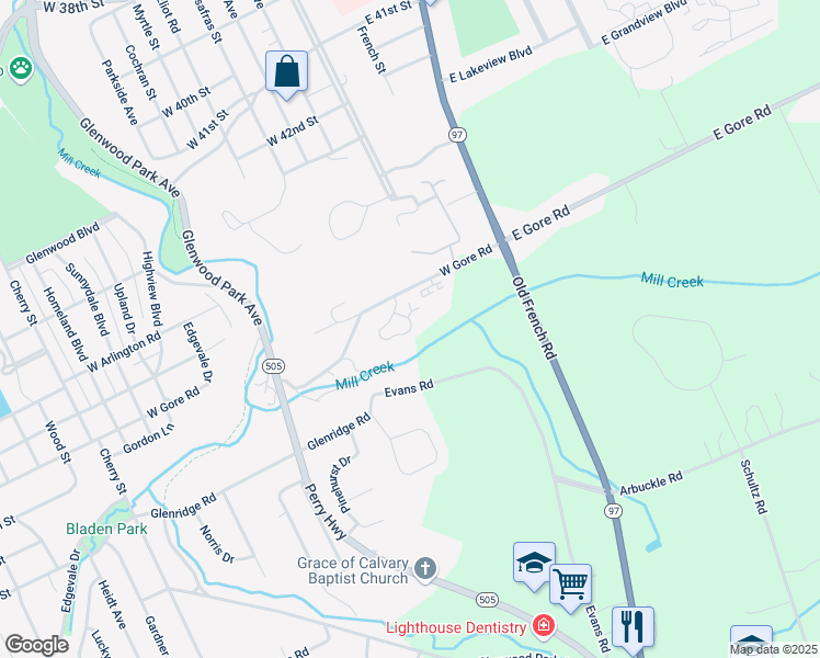 map of restaurants, bars, coffee shops, grocery stores, and more near 126 Oakridge Court in Erie