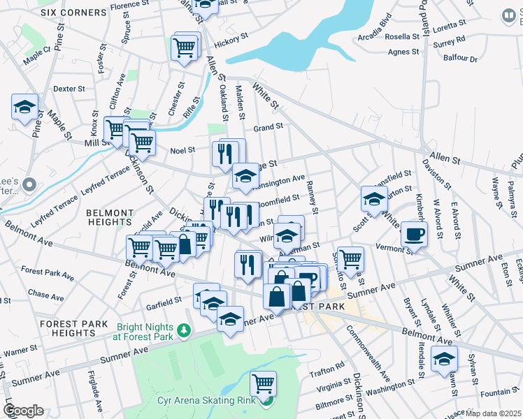 map of restaurants, bars, coffee shops, grocery stores, and more near 69 Bloomfield Street in Springfield