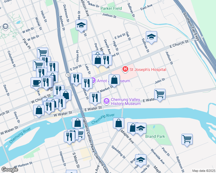 map of restaurants, bars, coffee shops, grocery stores, and more near 158 Fox Street in Elmira