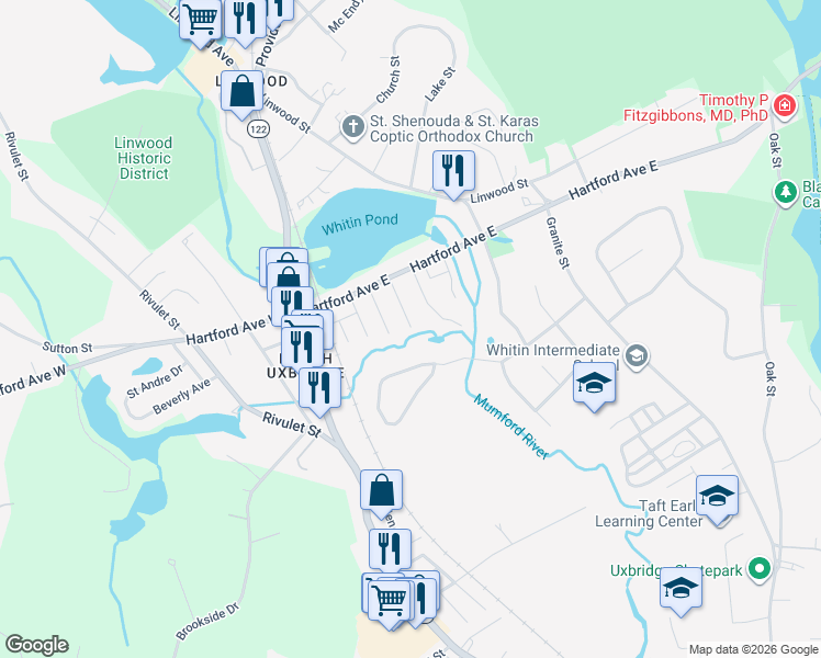 map of restaurants, bars, coffee shops, grocery stores, and more near 32 School Street in Uxbridge
