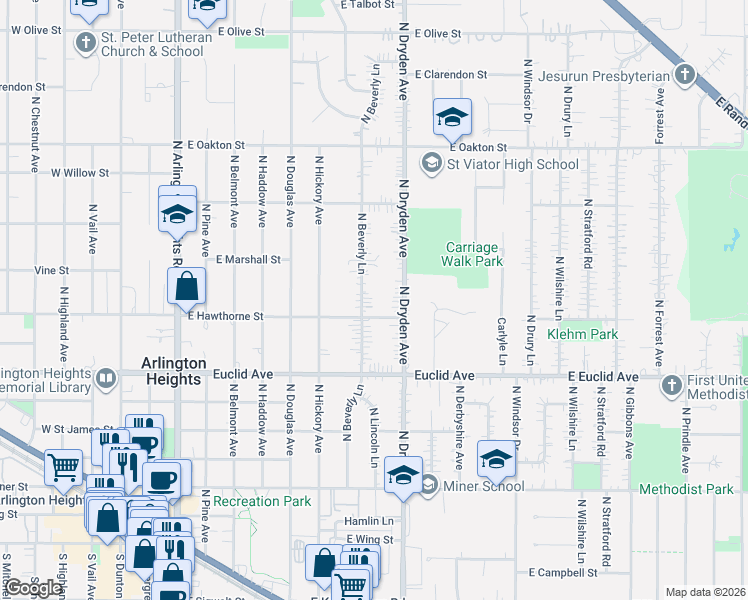 map of restaurants, bars, coffee shops, grocery stores, and more near 701 North Beverly Lane in Arlington Heights