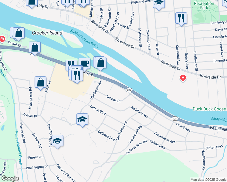 map of restaurants, bars, coffee shops, grocery stores, and more near 16 Lennox Dr in Binghamton