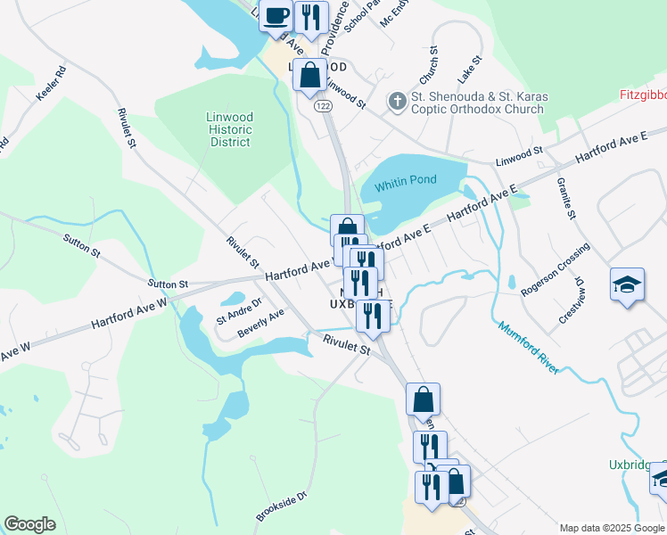 map of restaurants, bars, coffee shops, grocery stores, and more near 11 Sayles Street in Uxbridge