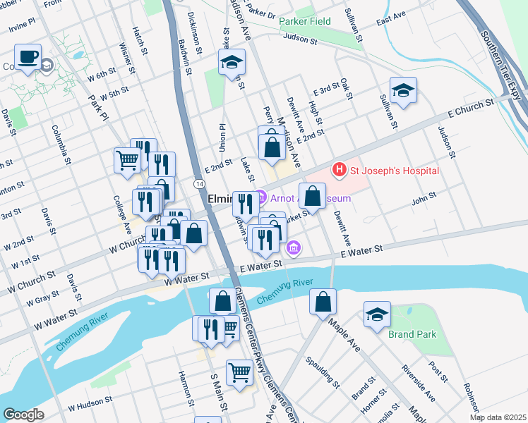 map of restaurants, bars, coffee shops, grocery stores, and more near 210 Lake Street in Elmira